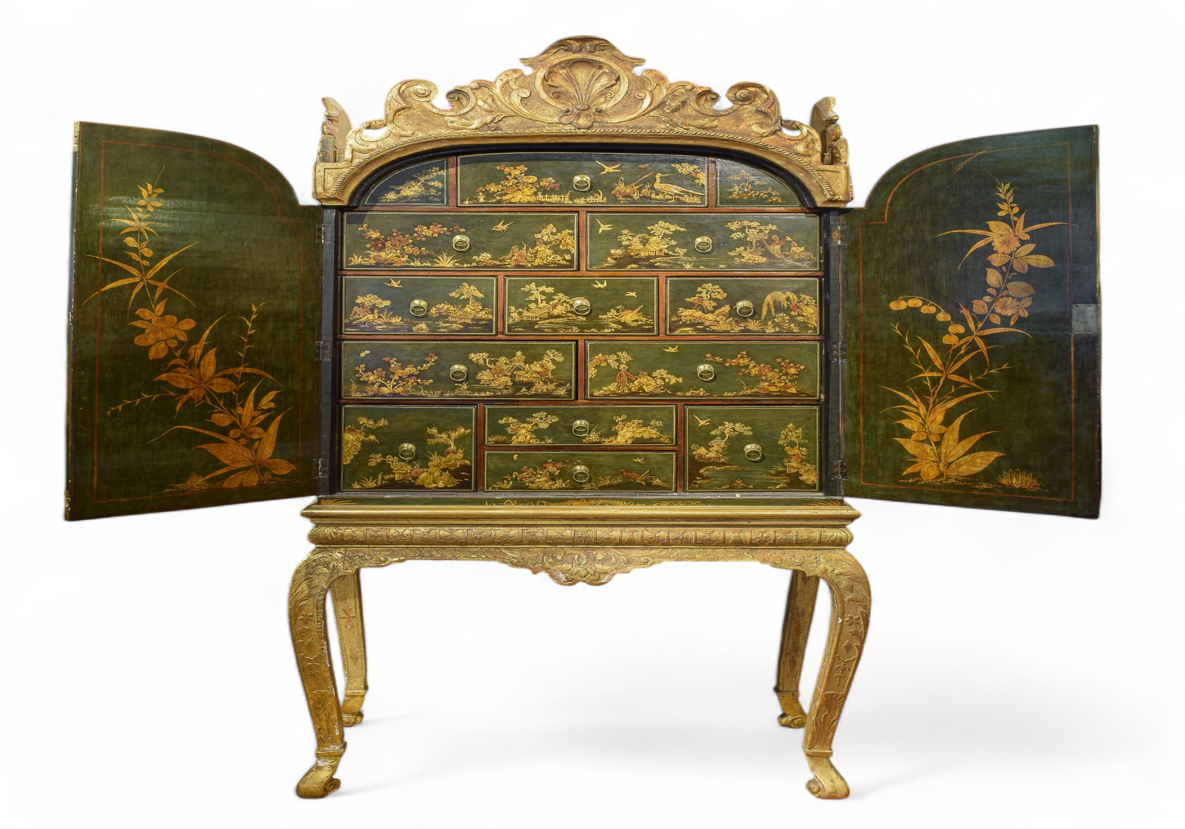 Queen Anne 18th Century A fine green lacquer cabinet Decorated with Chinese figures and lakeside pavilions. From the collection of Peter Roe.