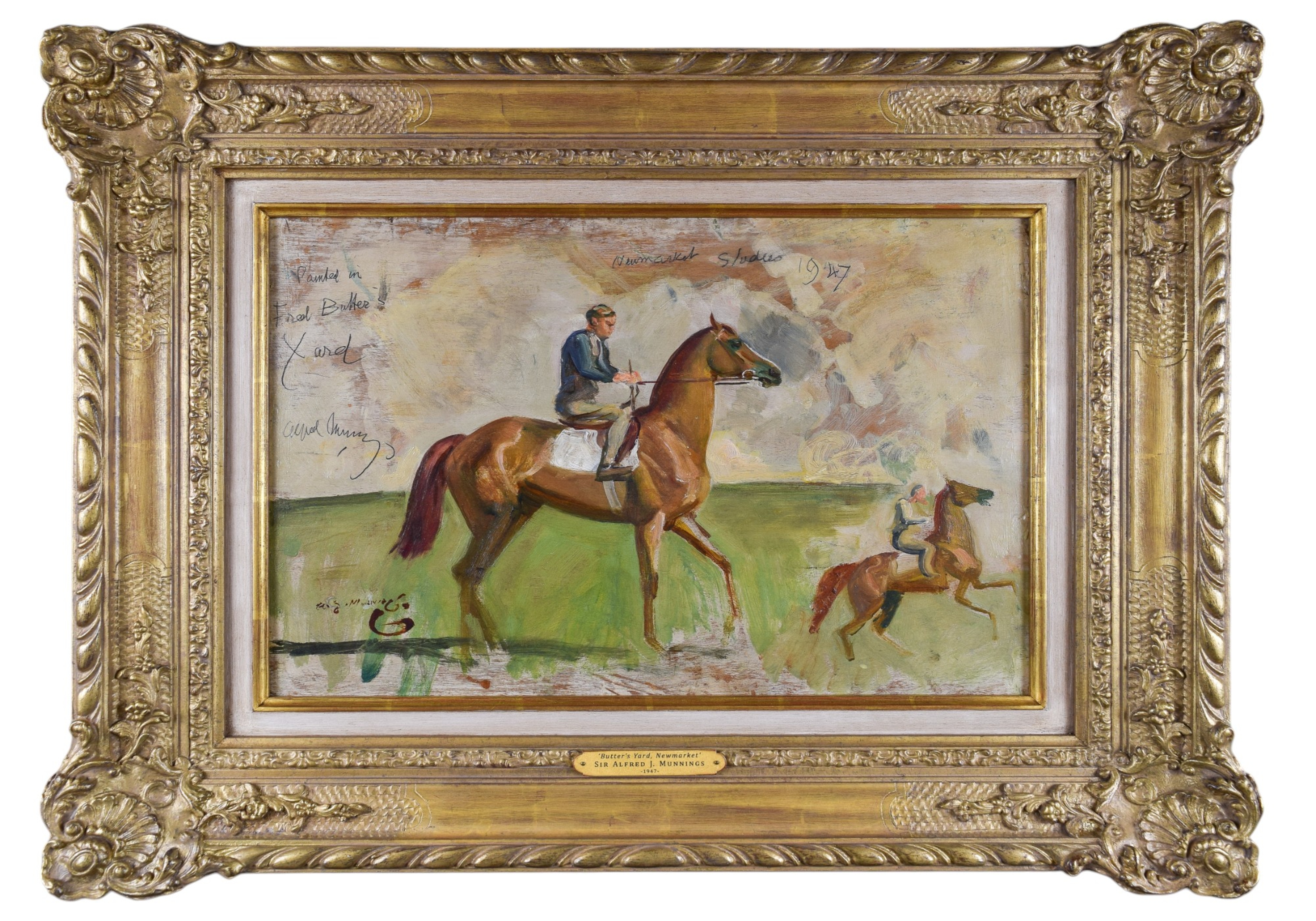 Sir Alfred Munnings (1878-1959) A portrait of a chestnut being ridden on the Newmarket gallops with a sketch lower right of the same horse with a bit about him! Painted at Butler's Yard, Newmarket, 1947